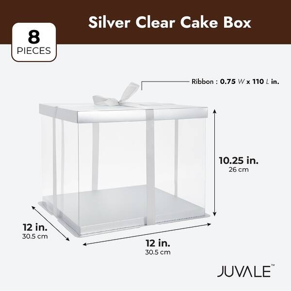 4 Pack Tall Silver Cake Boxes Clear Carriers w/ Ribbon for 10" Cakes